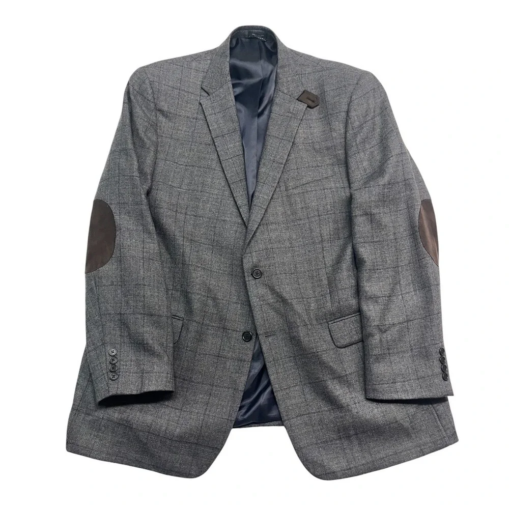 Tommy Hilfiger 48L Gray Windowpane Riding Jacket Blazer Sport Coat Elbow Patches
